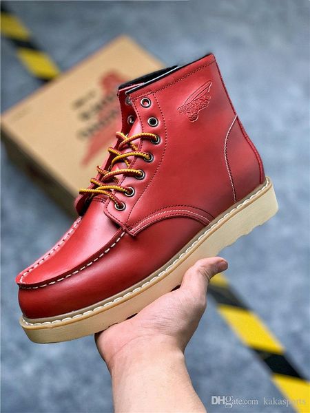 

with box) reds wins work boots mens boots classic moc eather shoes silhouette plain flat heel 2019 flats designer mens boots, Black