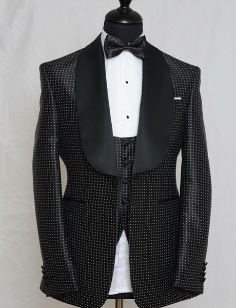 

black groom tuxedos white dot mens wedding tuxedos shawl lapel 19 style man jacket blazer popular 3 piece suit(jacket+pants+vest+tie) 1284, Black;gray