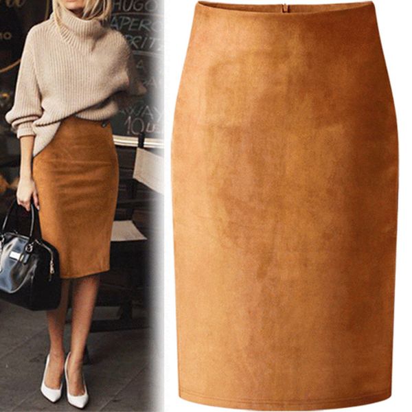 

multi color suede midi pencil skirt women 2020 fashion elastic high waist office lady bodycon skirts saias, Black