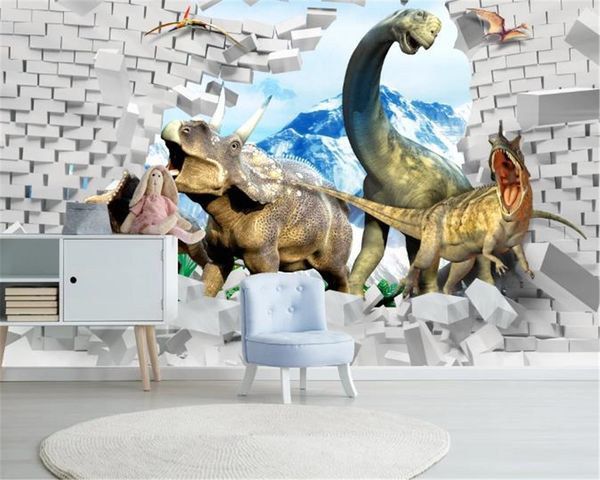 

3d bedroom wallpaper three-dimensional background wall decoration painting of a dinosaur through the children's room