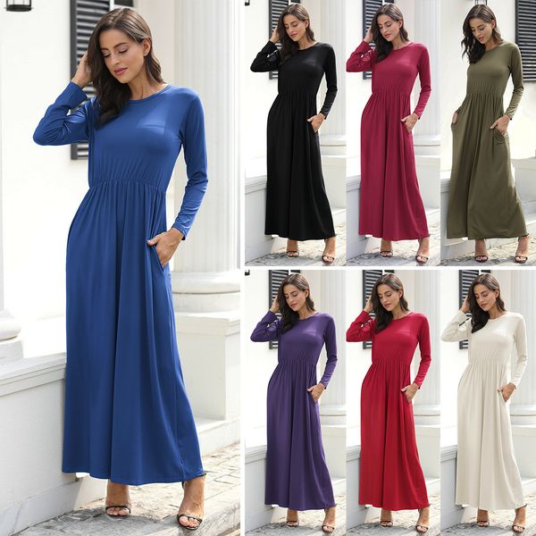 

2019 round collar solid color long pocket casual long sleeve dress, Black;gray