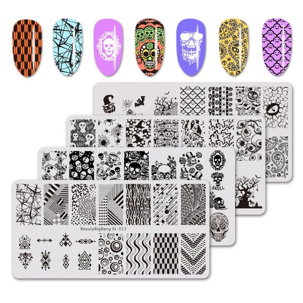 

beautybigbang stainless steel nail stamping plates strip skull flower image stamp nail art carimbo de unha stamping art, White