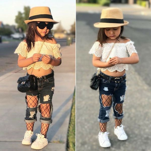 

2pcs toddler kids baby girls 2t-7t off shoulder denim pants outfits clothes, White