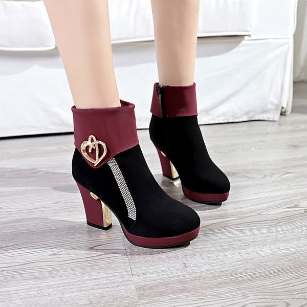 

winter boots lady booties woman 2019 high heels women's low shoes zipper clogs platform luxury designer crystal round toe, Black