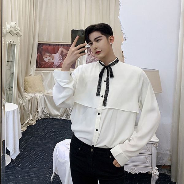 

men party dress shirt fashion lace tie bow collar long sleeve casual loose shirt male streetwear hip hop stage show costumes, White;black