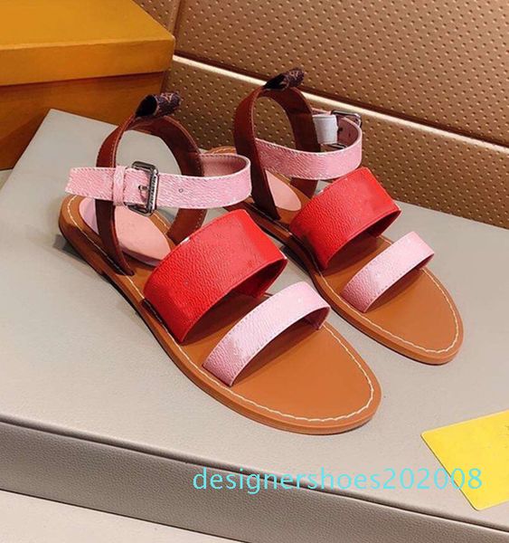 

branded women leather slide sandal designer lady colorful buckle adjustable strap rubber sole flat sandal d08, Black