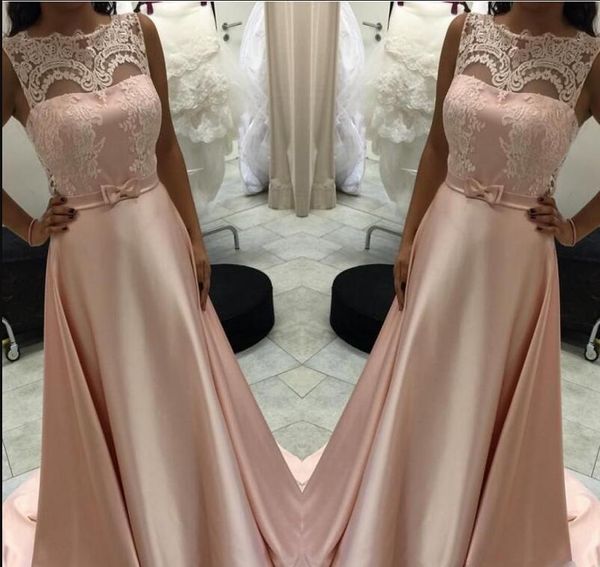 2019 Blush Pink A Line Prom Dresses Gioiello africano trasparente Illusion Appliques in pizzo Cintura con fiocco macchia Plus Size Abiti da sera per feste