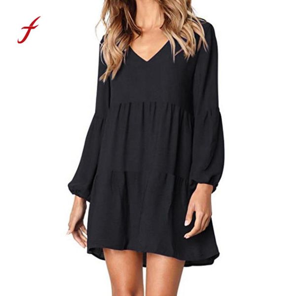 

fashion women solid lantern long sleeve v-neck draped knee-length dress black slim soft touch dresses summer new arrival 2019, Black;gray