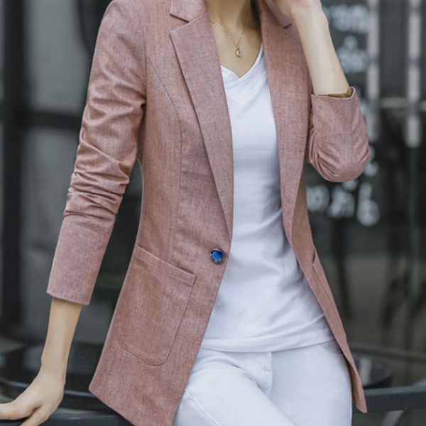 

long sleeve pockets solid korean style blazer women cotton linen notched tunic women's blazer 2019 casual slim ladies clothes, White;black