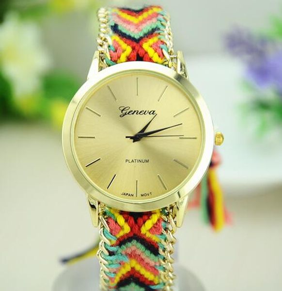 

women geneva watches handmade braided friendship bracelet wristwatch colorful band hand-woven national watch ladies quarzt bracelets clock, Slivery;brown