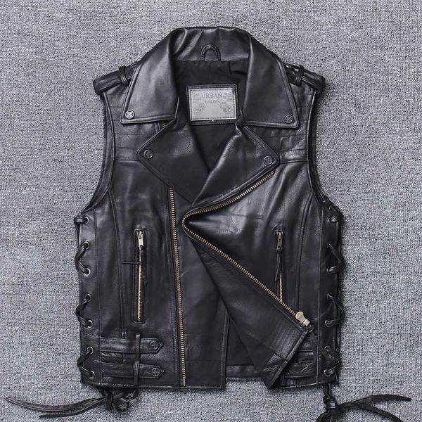 

zvaqs мужского лето мотоцикл жилет марка верхнего качество толстой коровья slim fit жилет конструктора vintage рукава куртка pph812, Black