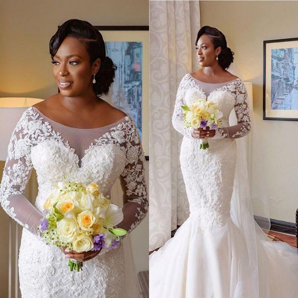 

elegant white lace beaded mermaid wedding dresses long sleeves scoop bridal dresses vintage sweep train wedding gowns