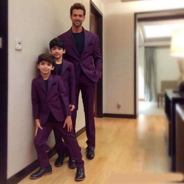 

father and son purple one button men suits fashion suits notched lapel trim fit groom wear (jacket+pant, Black;gray