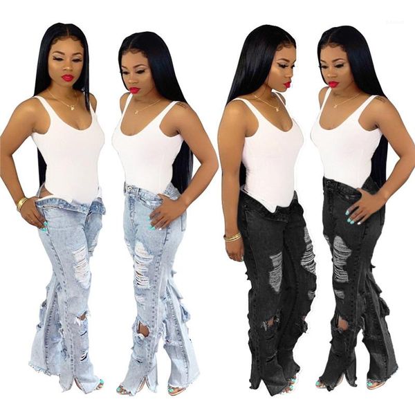 

jean long pants girls high waist fashion trousers womens button zipper fly jeans spring straight hole, Blue