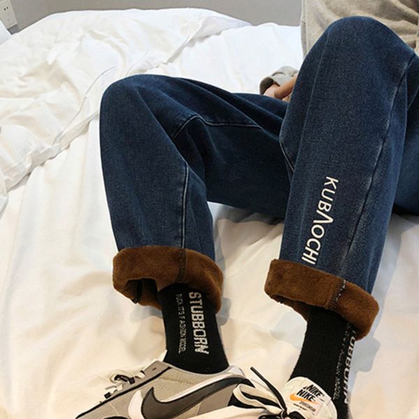 

men's jeans 2019 autumn and winter new straight embroidery and velvet jeans youth personality fashion trend men's clothing, Blue