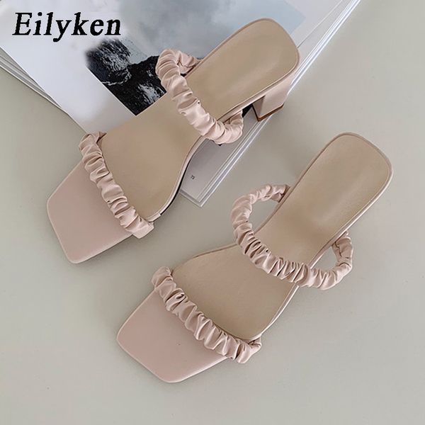 

eilyken новых женщин квадратные моды слайды каблуки тапочки высокого качества плиссированной pu кожа open toe лето сандалии женская обувь, Black