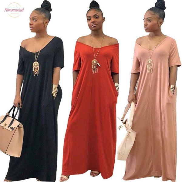 

women summer boho off shoulder short sleeve cotton long maxi dress casual loose pocket solid plus size party dresses, Black;gray