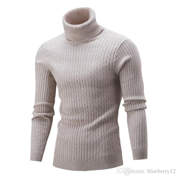 Suéteres casuais masculinos 5 cores com nervuras, gola alta, pulôver manga longa, suéter sólido para outono e inverno