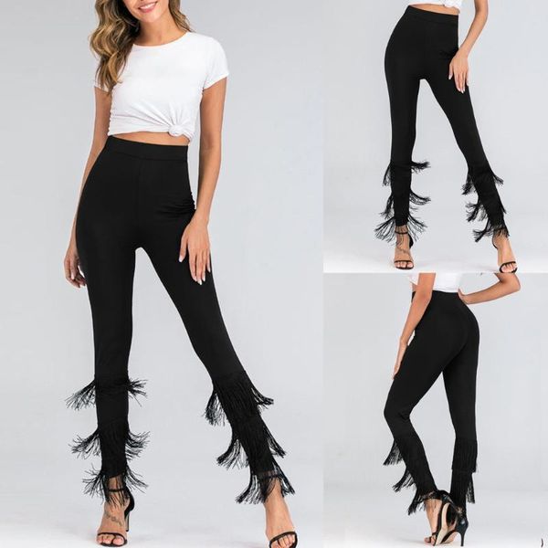 

#35 женские панк сексуальные леггинсы повседневные сплошной цвет кисточкой высокая талия ноги леггинсы push up фитнес feminina, Black