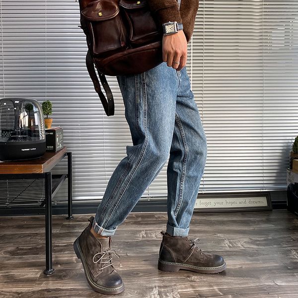 

autumn new jeans men's slim fashion washed solid color casual jeans pants man streetwear wild hip hop straight denim trousers, Blue