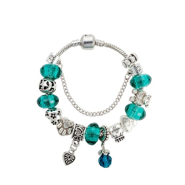 Charm-Armband mit Teddybär-Anhänger, luxuriöses Designer-Armband, versilbert, Original-Box-Set für Pandora-Armband mit grünem Kristall-Anhänger und Perlen