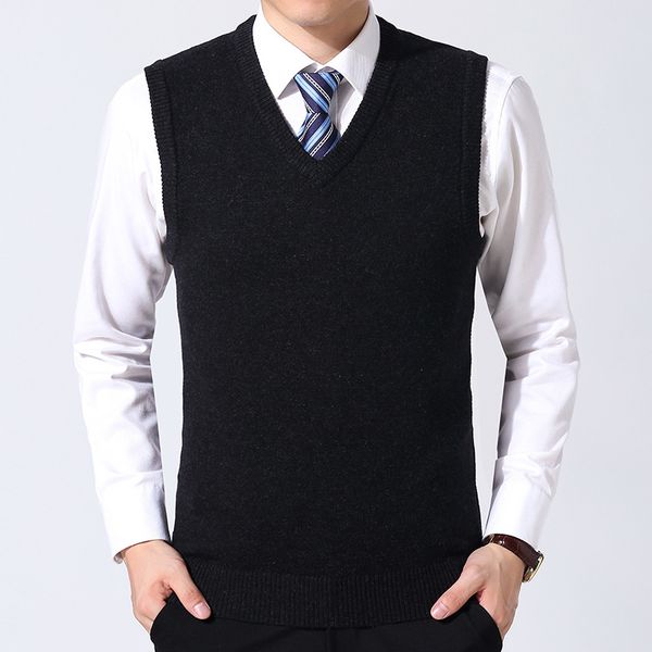 

men clothes solid color autumn winter warm wool pullover classic casual v-neck male sleeveless vest sweaters black red grey, Black;white