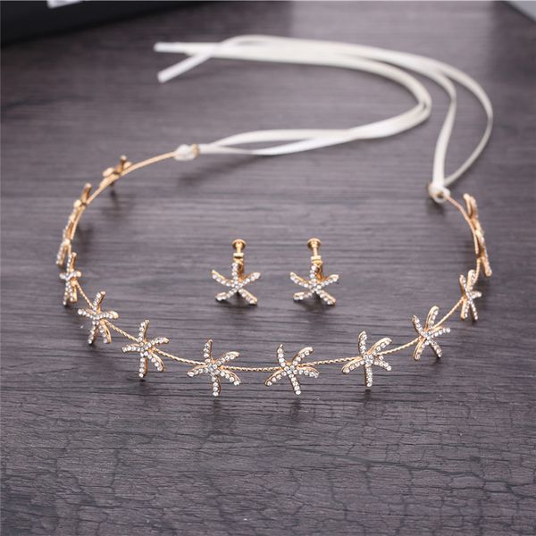 

luxury hair jewelry starfish crystal bride tiaras wedding hair accessories headdress gold headbands ribbon chain gift, Golden;white