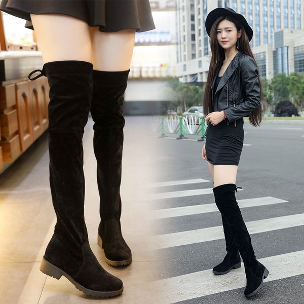 

low heels keep warm women boots over the knee boots woman stretch fabric knee high female autumn women shoe botas mujer, Black