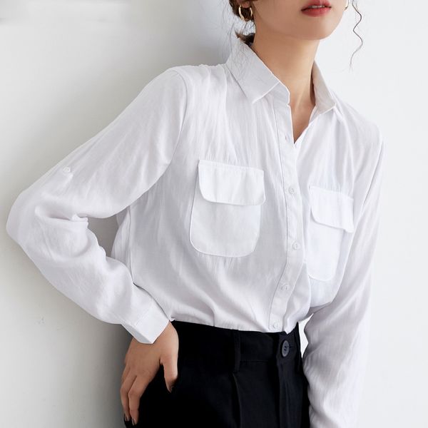 

women white turn-down collar shirts single breasted pockets loose blouses female casual blusas 2020spring summer