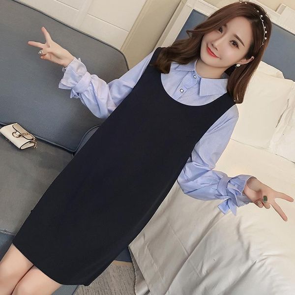 

for korean version 2019 pregnant woman autumn clothing long straps horn sleeve twinset nursing maternity dresses dress lace size, White