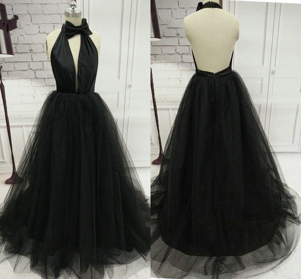 

vintage black tulle halter evening prom dresses bow pleated draped empire waist elegant formal evening gowns vestidos de festia cocktail