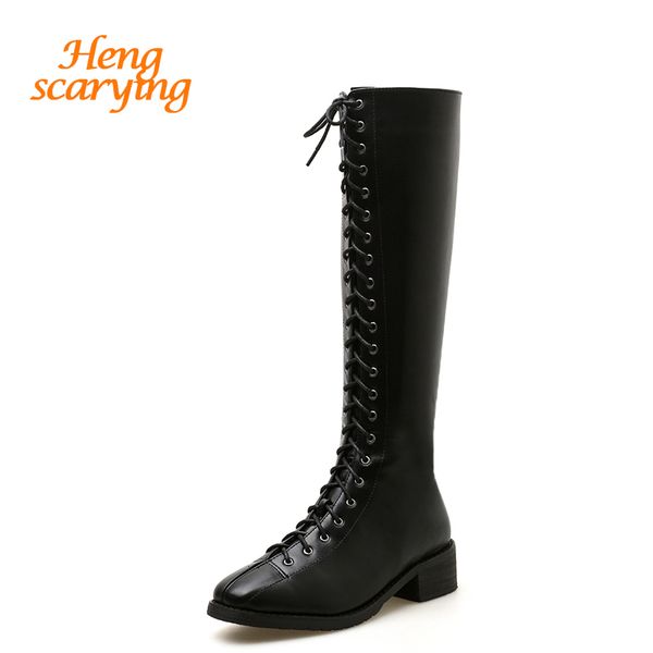 

2019 winter women riding boots lace up warm fur thigh high boots leather waterproof western flat tall cowboy shoes, Black