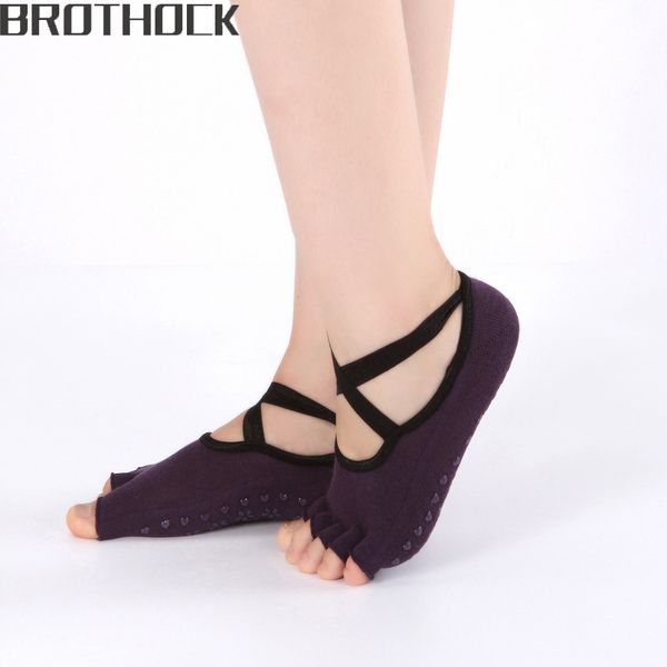 

brothock factory direct five finger yoga socks female cotton slip open back cross with yoga socks ballet dance sports, Black