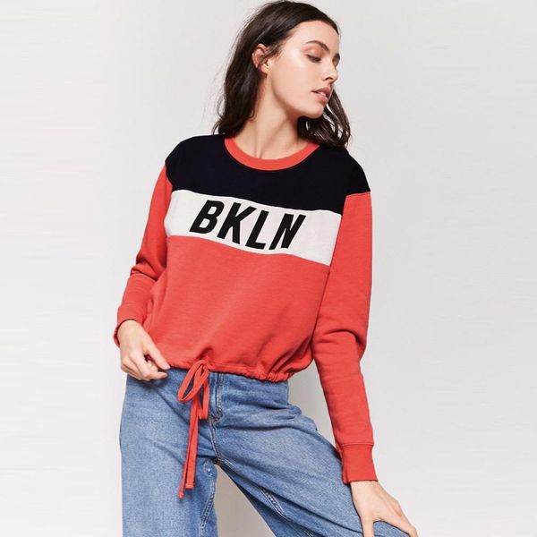 

women casual round neck sweatshirt print pattern contrast string drop shoulder long sleeve pullover, Black