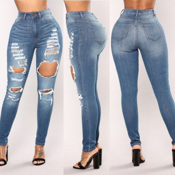 

cowboy elastic force holes fashion high waisted trousers jeans woman, Blue