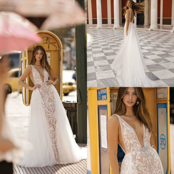 2019 berta bohemian vestidos de casamento profundo decote em v lace apliques sexy backless a line praia vestido de noiva com destacável saias de vestidos de noiva