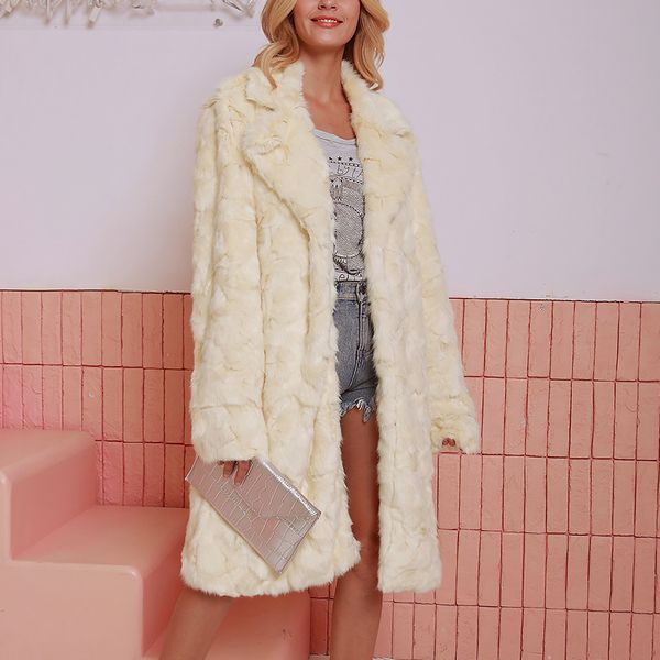 

women warm faux fur suit collar jacket coat mulheres autumn winter beige elegant long fur coat thick plush overcoat outerwear, Black