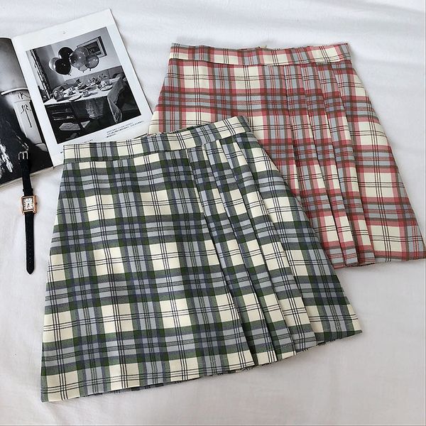 

2020 spring summer plaid skirt women high waist pleated skirts casual slim a line korean female short skirt bottoms faldas, Black