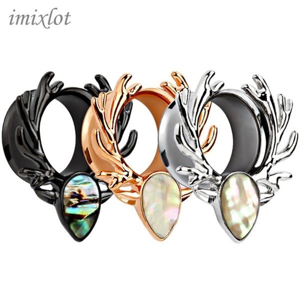 

1pcs stainless steel deer antlers ear plugs fesh tunnels piercings screw fit expansion stretcher gauges body jewelry 6mm-16mm, Slivery;golden