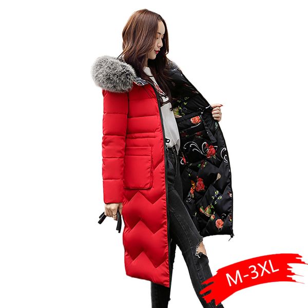 

both two sides can be wore 2019 women winter parkas new arrival with fur collar hooded long coat cotton padded warm parka womens, Black