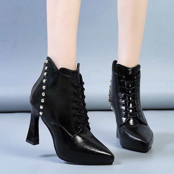 

ankle boots for women lhigh heel shoes lace-up pointed toe back zipper short boots mid-heel booties female+shoes#3, Black