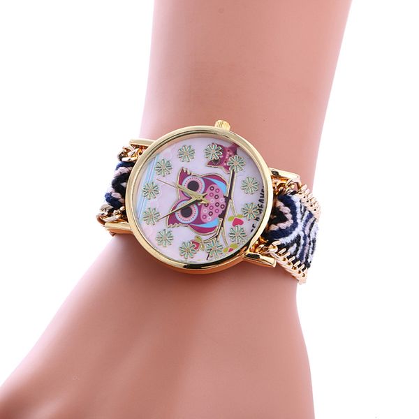 

modern owl pattern women watch fashion ladies quartz wristwatch braided rope bracelet watch gift clock zegarek damski#w, Slivery;brown