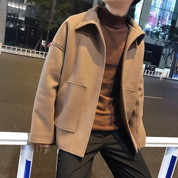 

men wool blends coat big pockets solid casual woolen mens jacket h02, Black