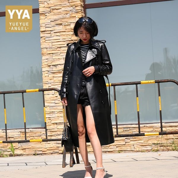 

genuine leather trench coat women plus size long coats ladies sheepskin autumn winter 2019 black lambskin windbreaker female new