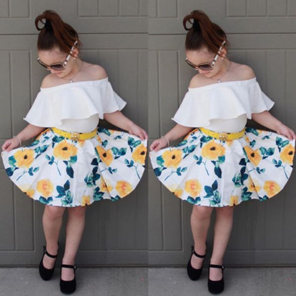 

2018 new princess kids girl clothes baby girls off shoulder white t-shirt +floral skirt children summer outfits set