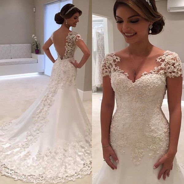 

custom made plus size mermaid wedding dresses romantic short sleeves lace wedding dress mermaid off shoulder bridal dress, White