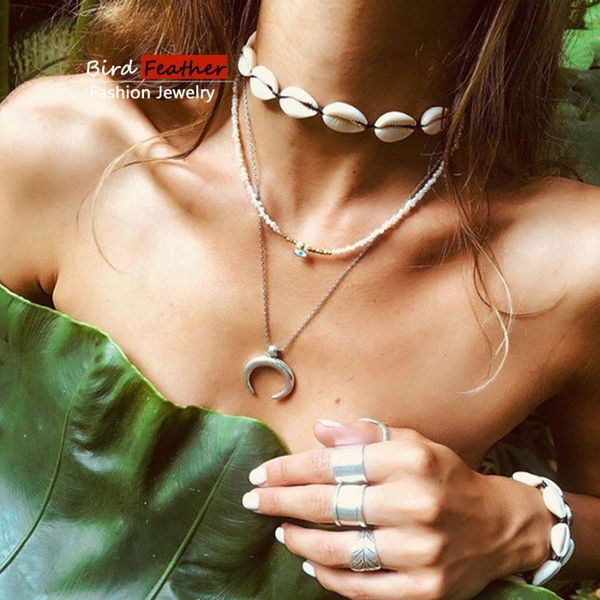 

silver color choker necklace for women 3 layers moon eye shell pendant chain necklaces & pendants velvet chokers fashion jewelry, Golden;silver