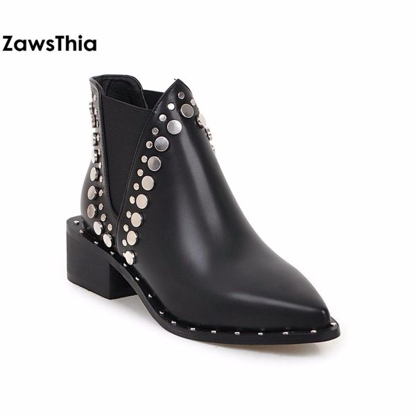 

zawsthia point toe black winter pu leather women shoes square med heel punk studded ankle boots motorcyle riding boots