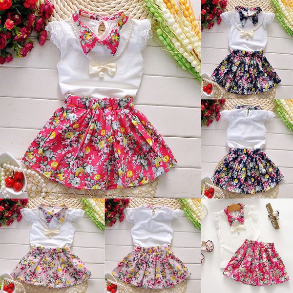 

2-7y sweet princess summer 3pcs toddler baby girls sets petal sleeve floral print turn-down collar t-shirts +skirts+necklace, White