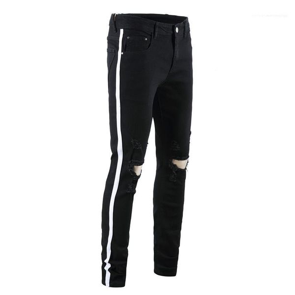 

stretch mens jeans fashion mens pencil pants street men designer hole black jeans green red ribbon, Blue